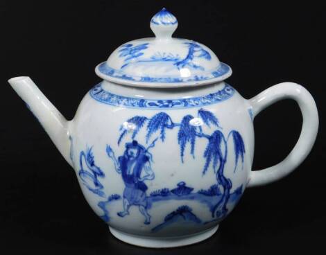 A Chinese export porcelain blue and white teapot, with domed cover and circular body with plain spout and handle, partially decorated with flowers, the main body decorated with figures in an exterior setting, unmarked, 19cm H.