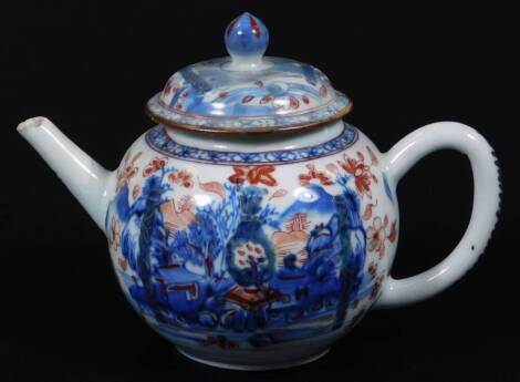 A Chinese export porcelain teapot, the domed lid and bulbous body heavily decorated with vases, trees and flowers in orange and blue, the plain handle and spout picked out with further flowers, unmarked, 14cm H.