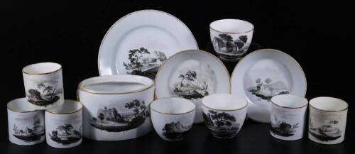 A part Minton Service pattern no. 191, including six coffee cans, three cups, two saucers, saucer dish and sucrier base, sepia monochrome painted landscape. (12)