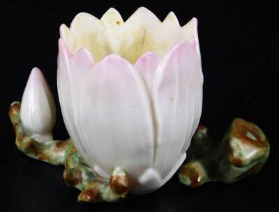 A 19thC Belleek polychrome lotus vase, black dog and hand mark, 7cm H.