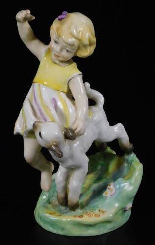 A Royal Worcester figure, representing April's child, wearing a yellow and puce stripped dress, with a lamb, no. 3415, by F C Doughty, black marked, 16cm H.