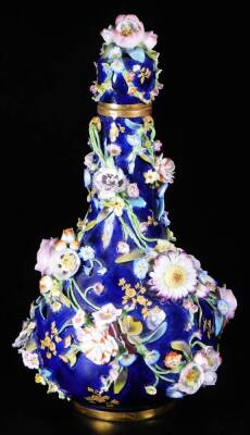 A 19thC Derby blue ground bottle vase and cover, c1835, decorated with apples and flowers and tooled gilt sprays, false crossed swords mark, 27cm H. - 3