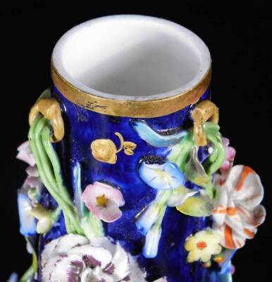 A 19thC Derby blue ground bottle vase and cover, c1835, decorated with apples and flowers and tooled gilt sprays, false crossed swords mark, 27cm H. - 4