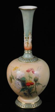 A Royal Worcester stem vase, shape no. 1661, the vase decorated with thistles and flowers, 17cm H.