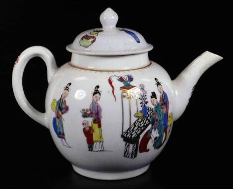 A Chinese porcelain teapot, with bulbous body, plain handle and decorated spout, with compressed lid, polychrome decorated with figures, predominately in green, blue and pink, with gilt highlights, on a circular foot, unmarked, 19cm H.