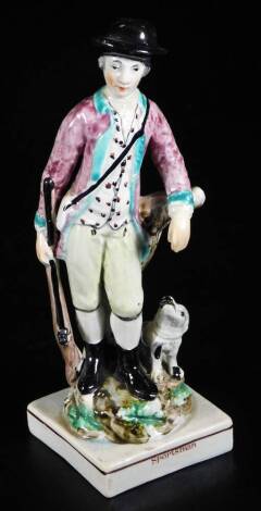 A late 18thC Staffordshire Creamware figure, of a sportsman, he standing aside rifle and dog, on a naturalistic base, polychrome decorated predominately in purple, turquoise, black and white, titled to the lined front, 19cm H.