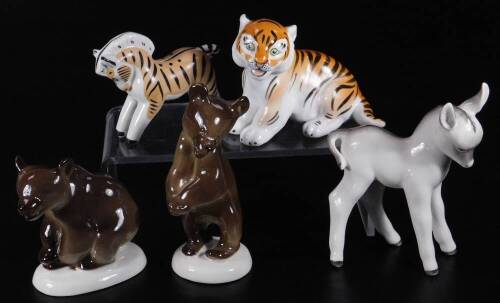 Various USSR pottery animal figures, to include bear in brown and white colour way, 11cm H, standing bear, tiger cub, etc. (5)