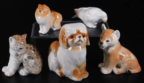 Various USSR animal figures, a collie in brown and white colour way, 9cm H, leopard cub, a bird marked USSR, etc. (5)