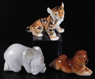 Various USSR figures, comprising of tiger cub, 13cm H, recumbent dog and elephant, marked beneath. (3)