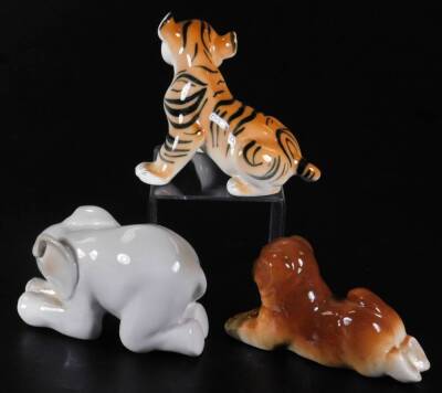 Various USSR figures, comprising of tiger cub, 13cm H, recumbent dog and elephant, marked beneath. (3) - 2