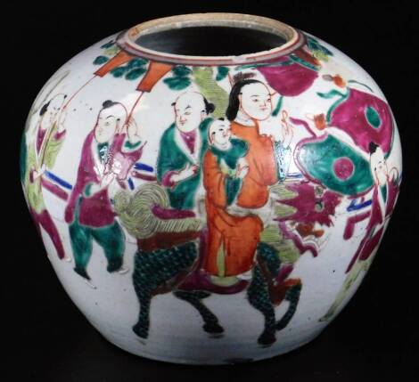 An 18thC Chinese porcelain bowl, the globular body decorated with figures, predominately in purple, green and orange, unmarked, 22cm H.