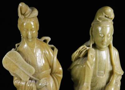 Two jadeite style figures, of females, the first in flowing robes holding bottle, on inverted base, 30cm H, the second holding fan. (2) - 6