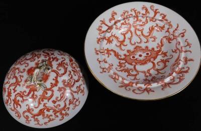 Various wares, a Cantonese famille rose plate of circular form decorated with panels of birds and flowers and a figures in an interior setting, centred by a further bird and flower, red four character beneath, 26cm Dia., a 19thC Cantonese saucer of simila - 5