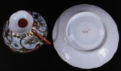 Various wares, a Cantonese famille rose plate of circular form decorated with panels of birds and flowers and a figures in an interior setting, centred by a further bird and flower, red four character beneath, 26cm Dia., a 19thC Cantonese saucer of simila - 8