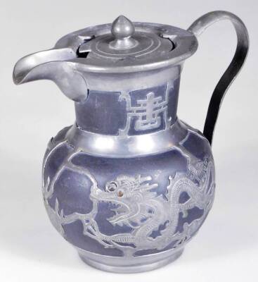 A Weihaiwei Deh Yu four piece tea service, each piece raised with dragons, to include teapot, 10cm H, two handled sugar bowl, etc. each marked beneath. (4) - 2