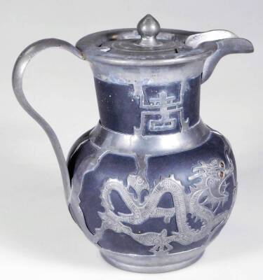 A Weihaiwei Deh Yu four piece tea service, each piece raised with dragons, to include teapot, 10cm H, two handled sugar bowl, etc. each marked beneath. (4) - 3