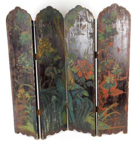 An early 20thC oriental four fold screen, with turreted top decorated with flowers, on a wooden ground painted brown, 106cm H.