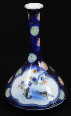 A Japanese porcelain Fukugawa vase, with slender stem and shaped body, decorated with panels of lilies and flowers, on a gilt highlighted floral ground predominately in orange blue and green, marked beneath, 17cm H.