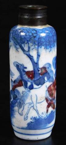 A Chinese 18thC porcelain snuff bottle, decorated in blue and white and iron red with horses, metal mount, 7cm H.