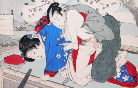 Shunga (Late 19thC Japanese School). Figures fornicating, wood block print, 11cm x 16cm, labels to the back.