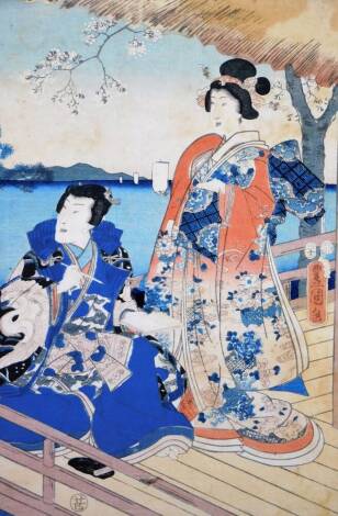 19thC Japanese School. Figures of geisha before boats and mountains, mixed media watercolour and wash, signed, 36cm x 25cm.