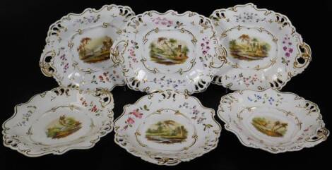 A part dessert service , possibly by Ridgway, decorated with pattern no. 1/2633, in landscapes with floral borders, the moulded and pierced edges picked out in gilt. (6, AF)