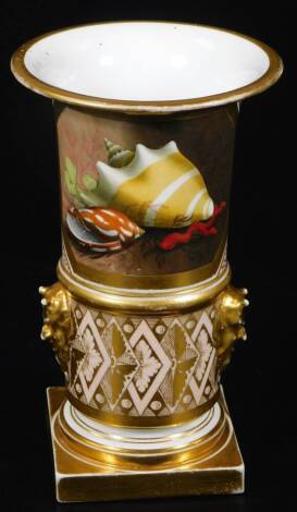 A large Barr Flight & Barr vase, c1815, decorated with shells in the style of Baxter, on a pink and gilt ground, the vase moulded with two satyr masks, impressed BFB mark and script Barr Flight & Barr mark Worcester, 17cm H.