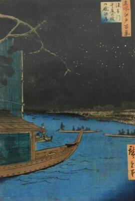 After Hiroshige. Meishoedo Hyokkei, wood block, mixed media, 19thC, signed, 34cm x 23cm. and three others. (4) - 6