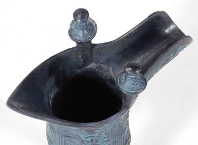 A Chinese bronze finish jue, with shaped body, turned finials and triple spike legs, 15cm H. (boxed) - 6