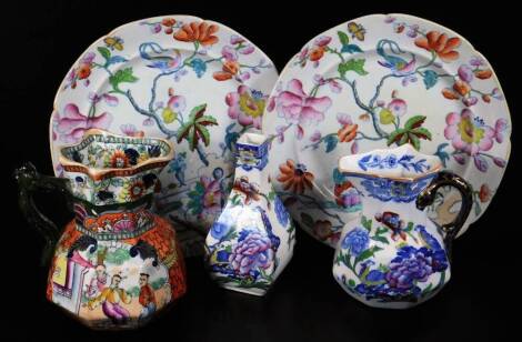 Various 19thC Mason's Ironstone, to include plates, decorated with oriental figures, with entwined branches and flowers, polychrome decorated in pink, yellow, green and blue, 21cm W, other Masons, a late 19thC jug, vase, etc. (a quantity)