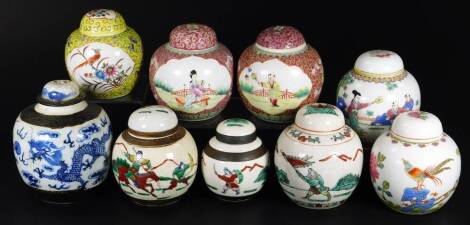 Various oriental ginger jars and covers, to include a Ming type with sgrafitto neck decorated with four clawed dragons, 18cm H, famille jaune example, various others, etc. (9)