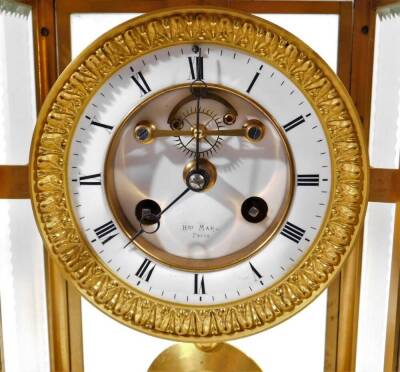 A 19thC French mantel clock, with elaborate marble gilt metal case, surmounted by quill and garland, above a four sided glass section, on scroll feet, holding a 11cm Dia. dial, signed HII MARC Paris, Roman numeric dial, pendulum swung movement striking on - 2