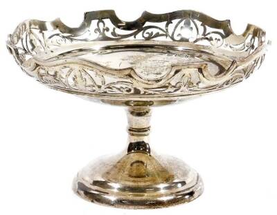 A George V silver tazza, with flared pierced rim, inverted stem and circular foot, Barraclough and Sons, Leeds, marked no. 2196, Sheffield 1920, 12cm H, 13oz.