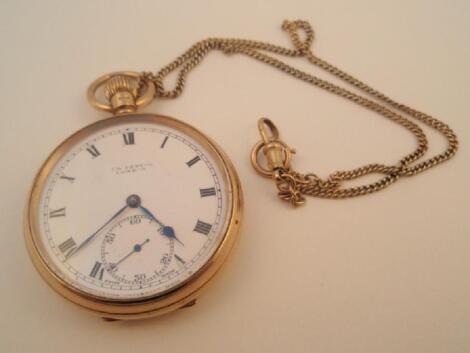 A J.W. Benson 9ct gold open faced pocket watch and chain