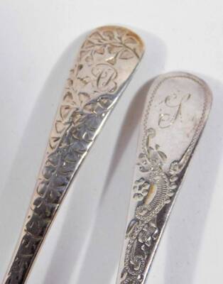 A set of six George V silver teaspoons, old English pattern bright cut decorated with initials, 1927 and 1928, 10cm W, and five further silver teaspoons, 4½oz. (a quantity) - 2