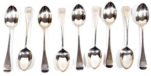 A set of nine Victorian silver teaspoons, old English pattern, initialed, London 1886, 13cm W, 5½oz. (8)