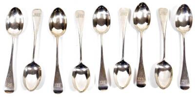 A set of nine Victorian silver teaspoons, old English pattern, initialed, London 1886, 13cm W, 5½oz. (8)