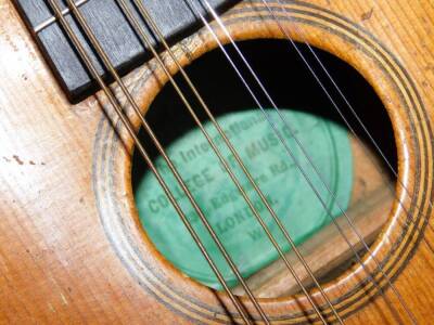 An early 20thC mandolin, of shaped form, with one piece polished back, ebonised end with articulated tuning knops, labelled International College of Music, sold only by The International College of Music, 230 Edgware Road, London W, 61cm W. (cased) - 7