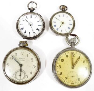 A 20thC chrome plated military issue pocket watch, marked GS/T, with crow's foot, no. 027990, with Arabic dial and subsidiary second hand, 7cm H, a silver fob watch with keywind movement and another, continental white metal, etc. (4)