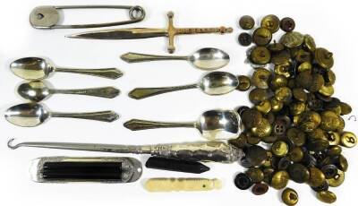 Various military brass buttons, dagger shaped paper knife, 18cm W, enlarged safety pin, silver fob, pair of cuff links, teaspoons, etc. (a quantity)