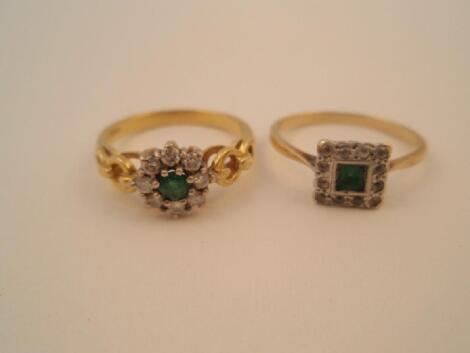 Two small emerald and diamond set dress rings