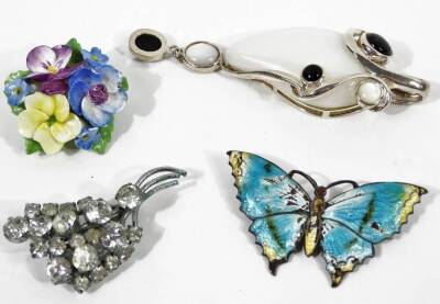 Three early 20thC glazed jewellery caskets, with five sided glass panelling and velvet lined interior, on shaped metal feet, 7cm H, 8cm W, 8cm D, etc. and various jewellery, a silver and enamel butterfly brooch, floral brooch, costume jewellery, etc. (a - 3