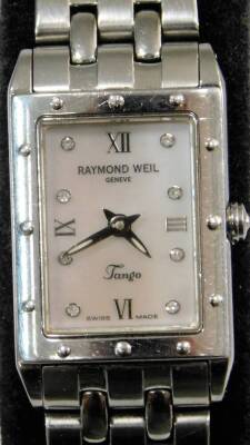 A Raymond Weil Tango ladies wristwatch, with rectangular dial, with mother of pearl, set with tiny white stones, on stainless steel back and bracelet, part of The Tango Collection, numbered 5971 KO31539, with Raymond Weil instructions and guarantee. - 2