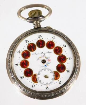 A continental pocket watch, with white enamel dial, with gilt floral motif to centre, and red circular numbers, lacking hands, white metal, marked 800. (AF) - 2