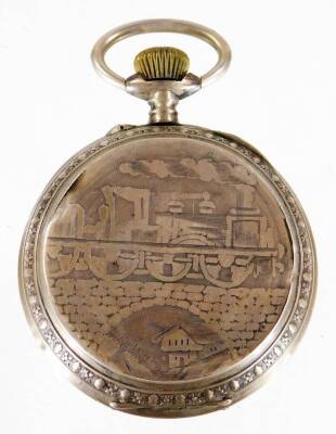 A continental pocket watch, with white enamel dial, with gilt floral motif to centre, and red circular numbers, lacking hands, white metal, marked 800. (AF) - 3