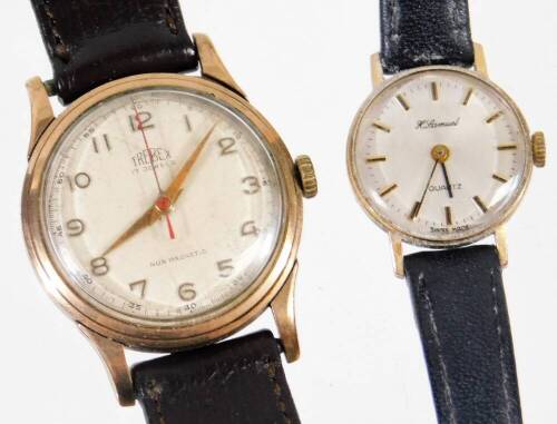 Two wristwatches, comprising a Trebex gent's wristwatch in yellow metal case, unmarked and pitted, on a brown leather strap and a H Samuel gold plated ladies wristwatch. (2)