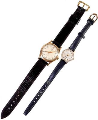 Two wristwatches, comprising a Trebex gent's wristwatch in yellow metal case, unmarked and pitted, on a brown leather strap and a H Samuel gold plated ladies wristwatch. (2) - 2