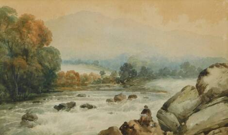 F. Davis. A river scene with mountains in the distance and an artist seated on a rock in the foreground, watercolour, signed and dated 1873, 25cm x 45cm.