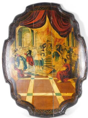 A 19thC carved wooden and painted pine panel, of cartouche shape, 19thC continental school, Royal court interior scene, 93cm x 71cm.