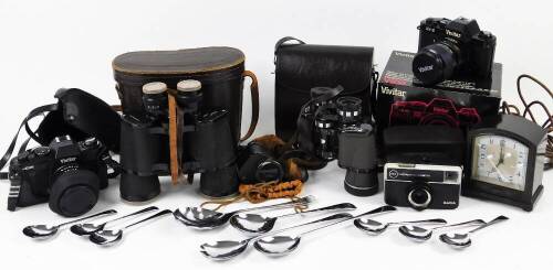 Various cameras and associated equipment, binoculars, etc. a pair of Regent 7x50 binoculars, 20cm H, in brown leather case, various other associated equipment, etc. (a quantity)